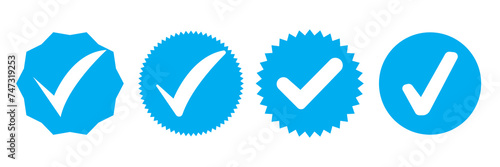 Verified icon badge for account profile, vector check tag marks. Verified blue icons for business account or member login and verification check, eps10