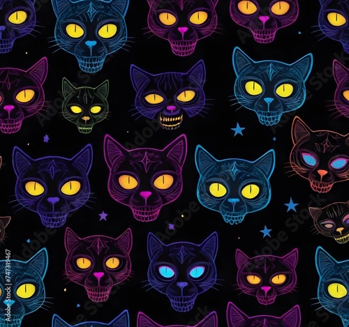 Neon-colored cute cat cartoon faces and skulls head seamless various expressions on a black background with stars and pentagrams