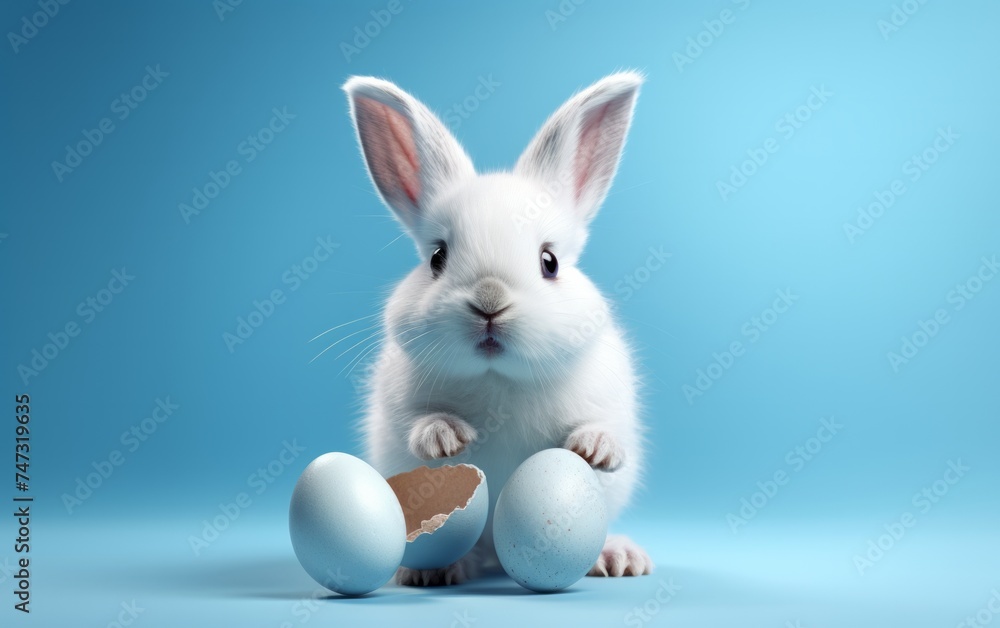 Obraz premium Curious Bunny with Easter Eggs on a Soft Blue Background. Easter Concept