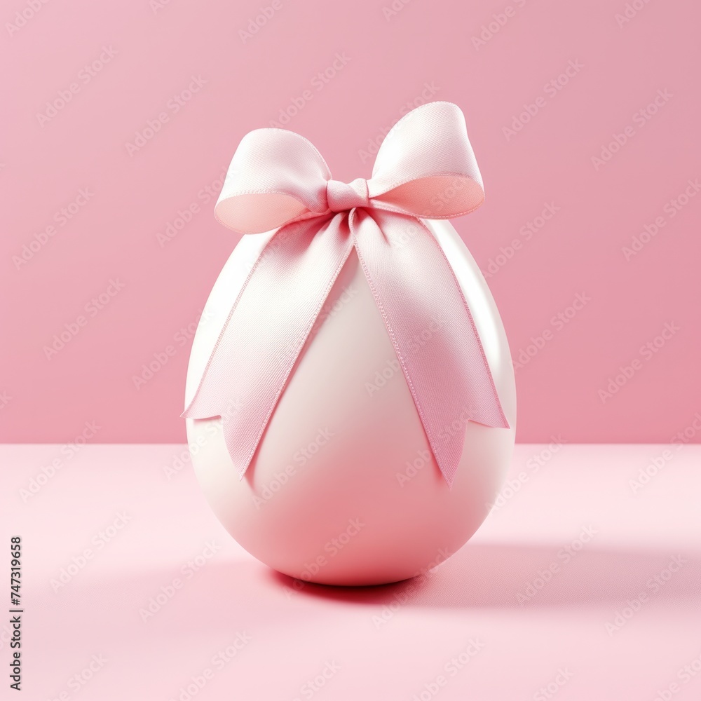 Easter egg with a pink bow on pink backgroung
