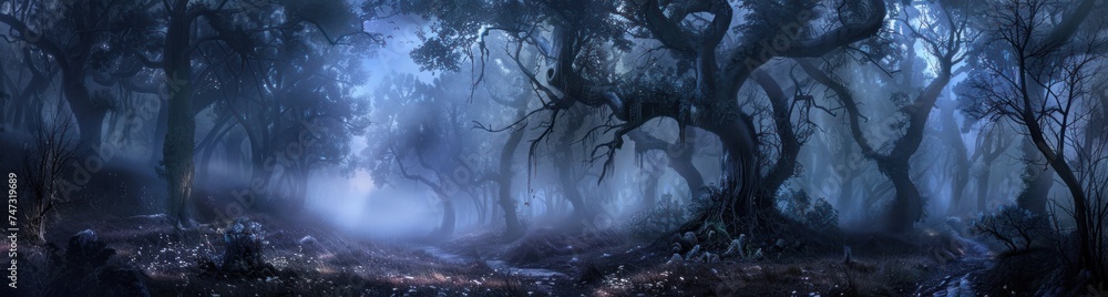 Obraz premium Journey Through the Mystical Forest. In the Heart of Nature's Embrace, Where Fog Clings to Every Branch and Shadows Dance in the Dim Light