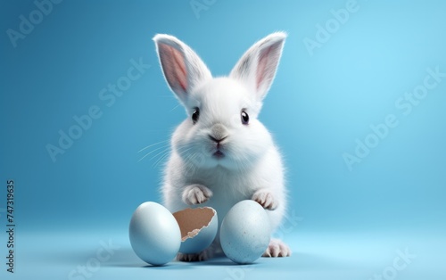 Curious Bunny with Easter Eggs on a Soft Blue Background. Easter Concept © Darya