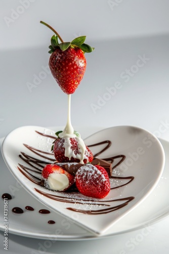 dripping white chocolate from fresh red strawberry, white plate with chocolate coated strawberries photo