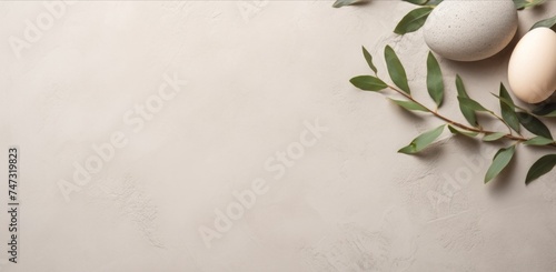 Neutral Eggs with Greenery on a Textured Background. Top view. Flat lay. photo