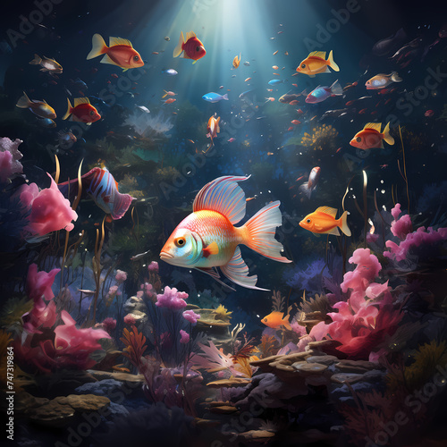 A surreal underwater scene with colorful fish.