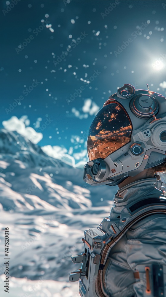 Snowy Expanse. Journey with an Astronaut Amidst the Winter Wonderland. Against the Backdrop of Majestic Mountains and Pristine Snowscape Snowy Expanse. Journey with an Astronaut Amidst the Winter Wonderland. Against the Backdrop of Majestic Mountains and Pristine Snowscape