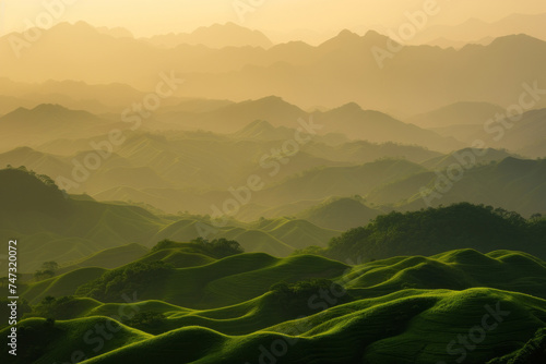beautiful mountains in picturesque natural light, morning fog and breathtaking scenery photo