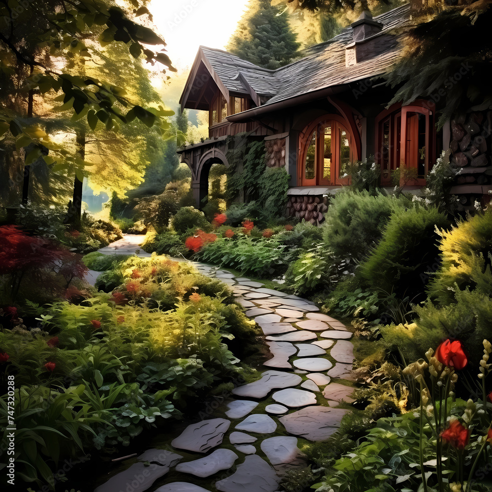A tranquil garden with a winding stone path.