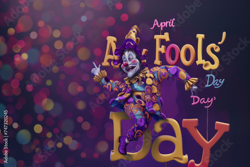 A clown balancing on top of the 3D phrase April Fools  Day. Generative AI