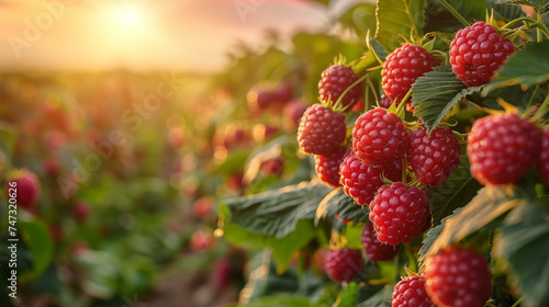 Ripe raspberries on the field in the rays of the setting sun