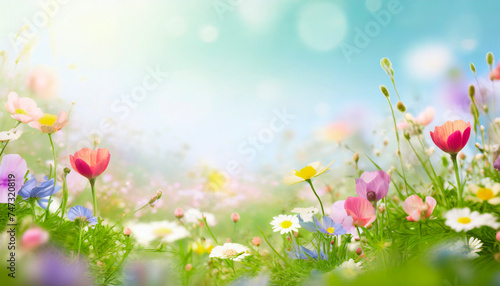 Spring meadow with colorful flowers. Nature background.