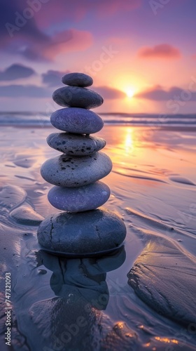 Tranquil shores of a sun kissed beach  a mesmerizing sight unfolds as pebbles are carefully stacked  forming a tower of balance and harmony