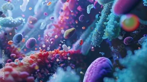 3D visualization of the human microbiome, detailed and colorful, health and biology concept. photo