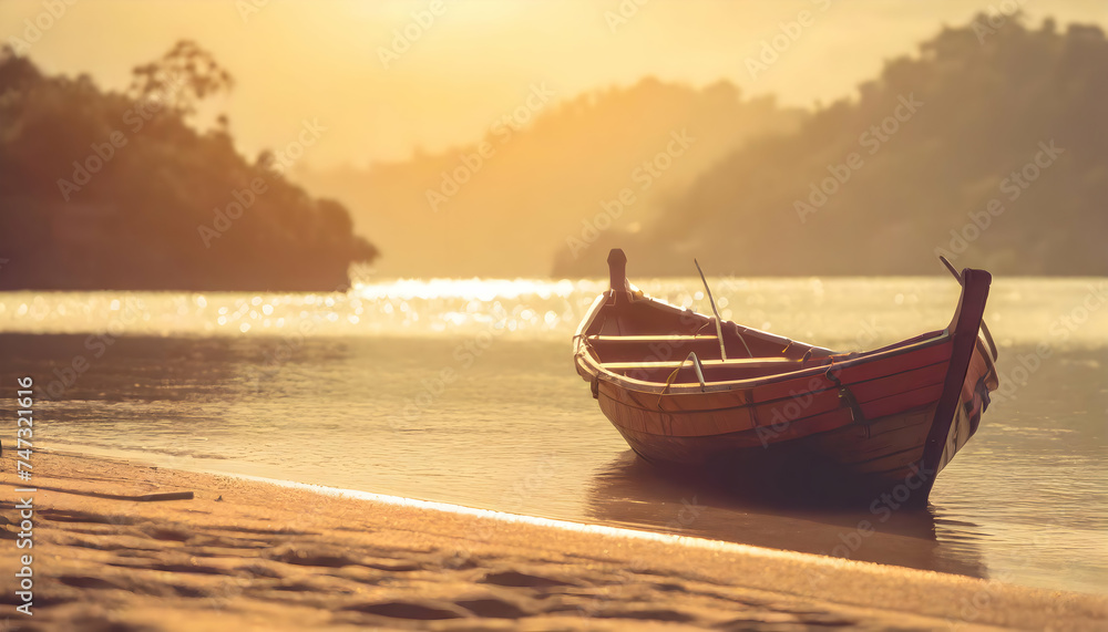 Joyful Scenic view of traditional wooden rowing boat on scenic on sunset beach and vintage.