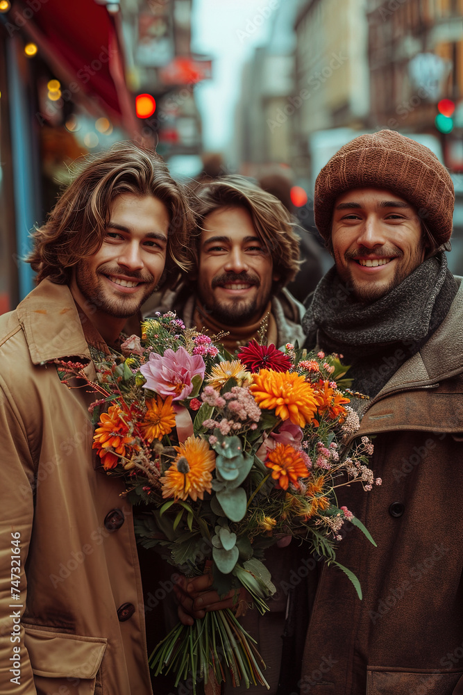 Beautiful and stylish men with bouquet flowers in the city, looking at camera