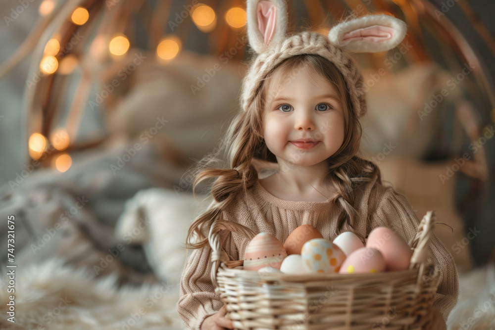 Cute toddler girl wearing bunny ears on Easter day. Girl holding basket with painted eggs. Generative AI Cute toddler girl wearing bunny ears on Easter day. Girl holding basket with painted eggs. Generative AI