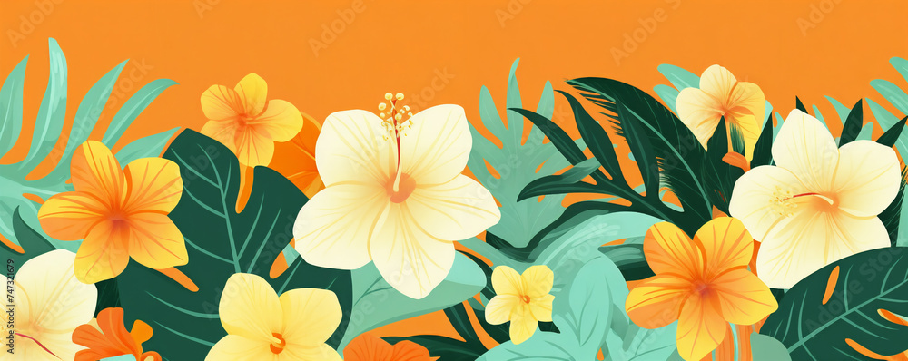 a bunch of flowers that are on a orange background with leaves and flowers on it, and a green leaf, generative ai