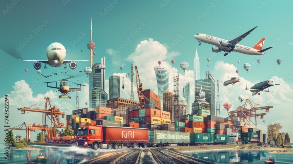 Fototapeta premium all means of transportation banner style on a pier