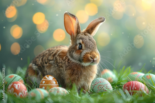 Colorful easter eggs and bunny on green grass. Generative AI
