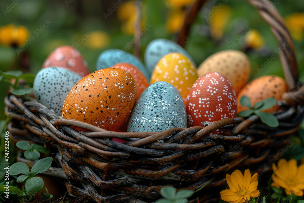 Close up of colorful Easter eggs in a basket. Generative AI Close up of colorful Easter eggs in a basket. Generative AI