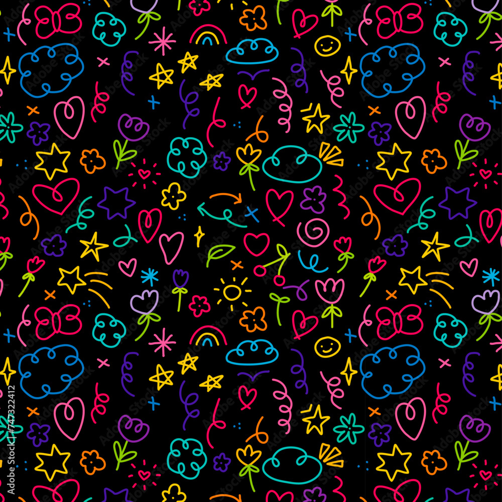 Seamless pattern scribble shapes black background kid drawings neon shapes