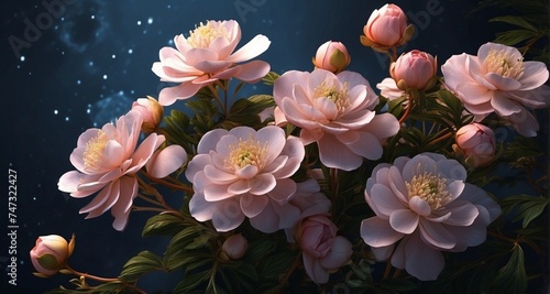 Create an ultra-realistic image of a cluster of Motia flowers in a moonlit garden, capturing the subtle details of the blossoms, the reflective glow in the darkness-AI Generative photo