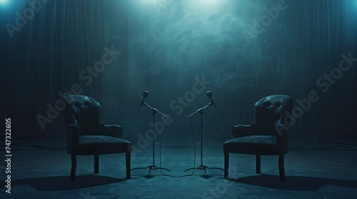living room with neon lights and chairs and microphone photo