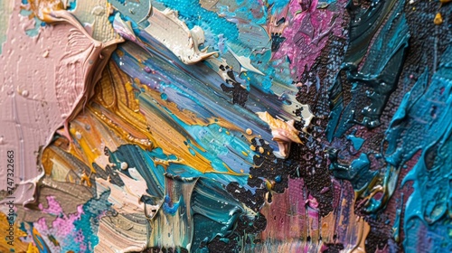 A macro shot of a vibrant, multilayered abstract painting with a focus on the texture and depth achieved through varied palette knife strokes and oil paint.