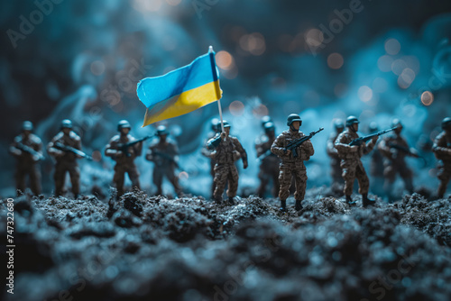 Ukraine on dark background. Conceptual image of war between Ukraine using toy soldiers. Selective focus. Generative AI photo