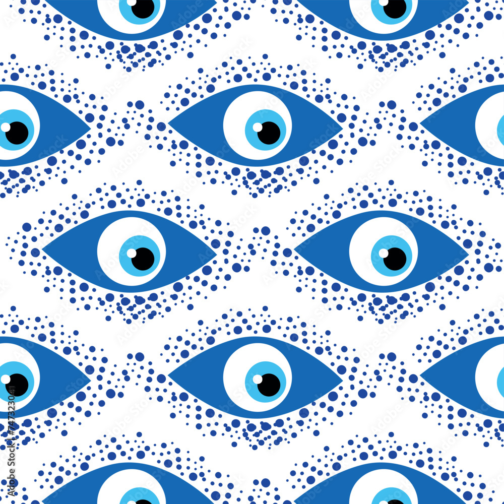 Seamless pattern with Turkish evil eye bead. Good luck. Turkish tile. Oriental ottoman design for wallpapers, pattern fills, textile