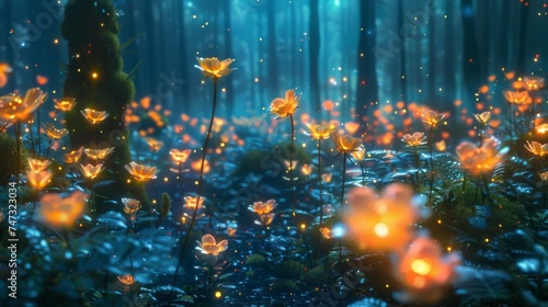 A mystical  vibrant forest at twilight with glowing flowers and luminous  ethereal creatures.