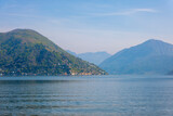 Alpine Lake Lugano with Mountain in a Sunny Day in Morcote, Ticino, Switzerland.