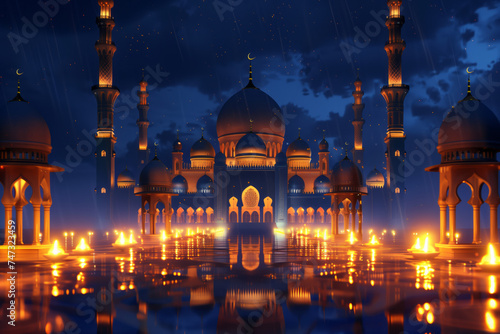 The silhouette of a mosque in the night sky with a crescent moonislamic style. Generative AI