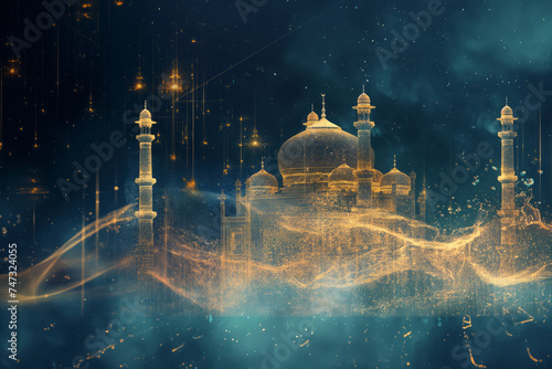 The silhouette of a mosque in the night sky with a crescent moonislamic style. Generative AI photo