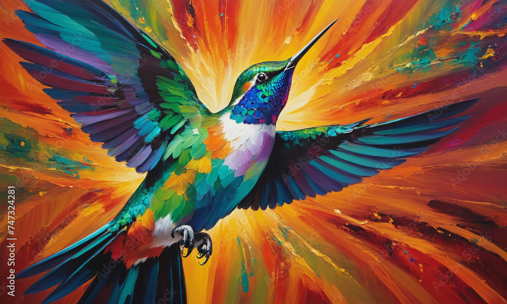 Obraz premium A bright hummingbird among a colorful explosion, painted in oil