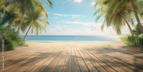 Empty wood and tropical beach paradise with palm trees, Crystal blue sea, and white sand, under a clear blue sky, A relaxing Caribbean Vacation Scene with copy space.