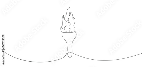 Torch symbol, continuous line drawing. Symbol fire, flaming and heat. Isolated outline torch on white background. Torch for Print, web design advertising. Vector illustration.