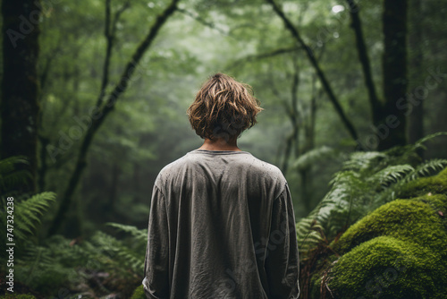 Generated with AI technology image of a young nice man traveler walking in green forest