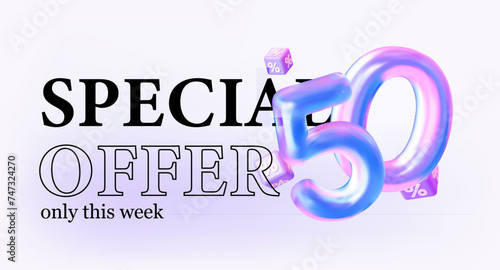 50% discount. The advertising banner of the special offer. A creative vector template with a holographic number Fifty and flying cubes.