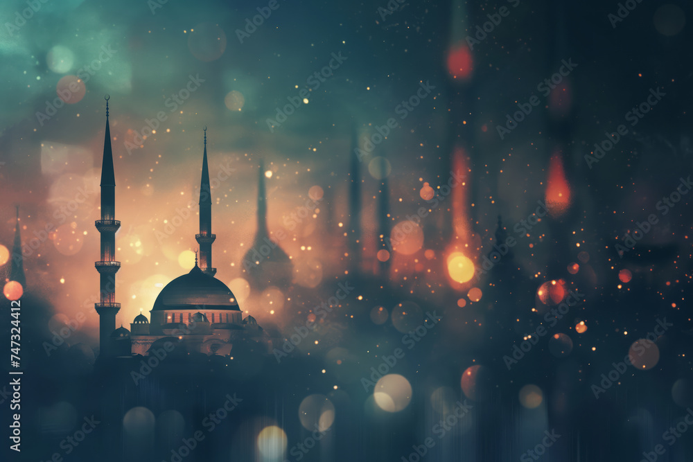 Futuristic ramadan background with mosque and bokeh. Generative AI