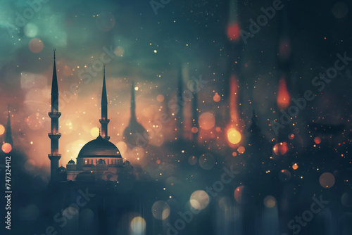 Futuristic ramadan background with mosque and bokeh. Generative AI photo