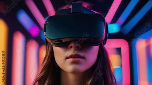 Amazed young woman in VR headset exploring metaverse and cyberspace. Gaming and futuristic entertainment concept, close up