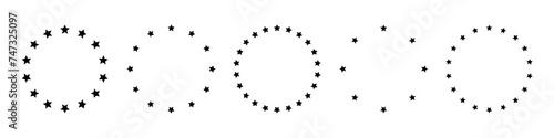 Stars of various sizes arranged in circle. Design element, ornament. Star circle vector. Black star shape, simple symbol. Vector illustration