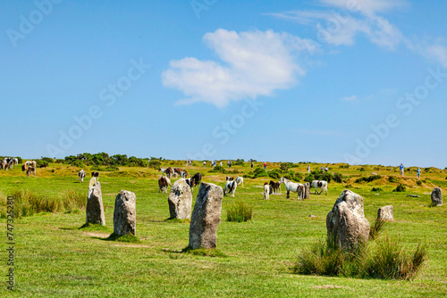 Bodmin Moor, Cornwall, UK - The Hurlers stone circle near Minions, the highest village in Cornwall, with wild ponies grazing and people taking photos of them. photo