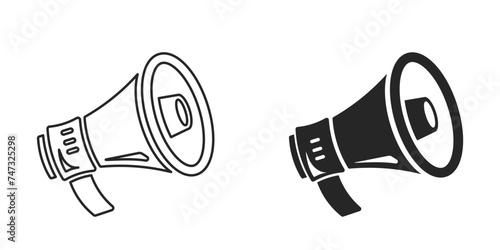 Megaphones icons set. Graphic design of megaphone icons. Set of simple megaphone icons, and megaphone linear icons. Speaker icon. Loudspeaker. Vector illustration
