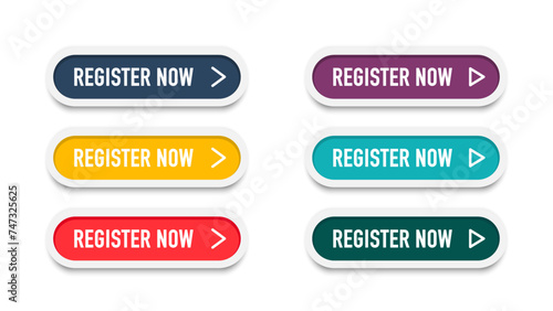 Register now tag. Registration now buttons set. Vector button for registration in services, blogs, websites. Register now chat speech message. Banner promotion. Free registration offer. Vector