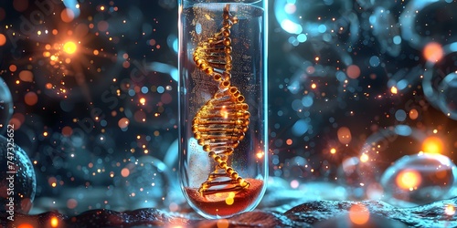 Illustration of DNA strands magnified in a test tube reflecting biotechnology marvel. Concept Biotechnology, DNA strands, Test tube, Magnified, Illustration photo
