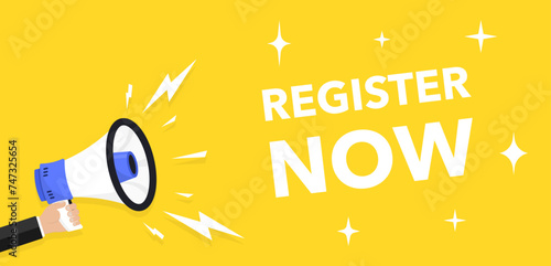 Register now tag. Vector button for registration in services, blogs, websites. Register now chat speech message. Banner promotion. Free registration offer. Vector Illustration