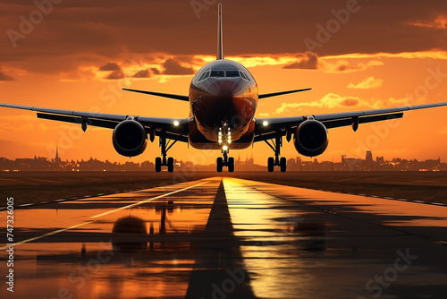 A large airplane flying over a runway into sunrise with sun shining. Travel concept. 3D Rendering