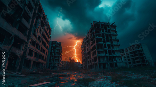 Lightning struck violently in an abandoned city with no people. photo